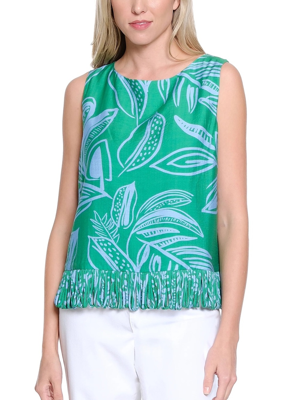Avara Angelina Green Botanical Leaf Print Fringed Sleeveless Top Size Medium